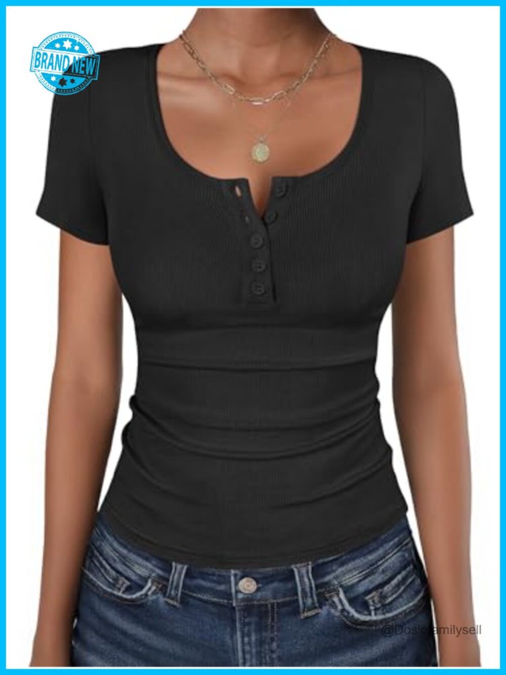 ANRABESS Womens Short Sleeve Henley Shirt Slim Fit Ribbed Knit Work Top